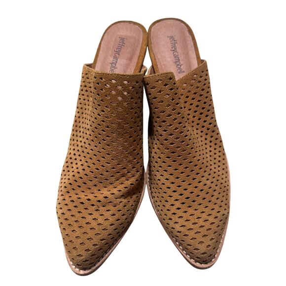 Jeffrey Campbell Favela Perforated Tan Cognac Suede Mules Slides Suede, size 10 - Picture 3 of 9